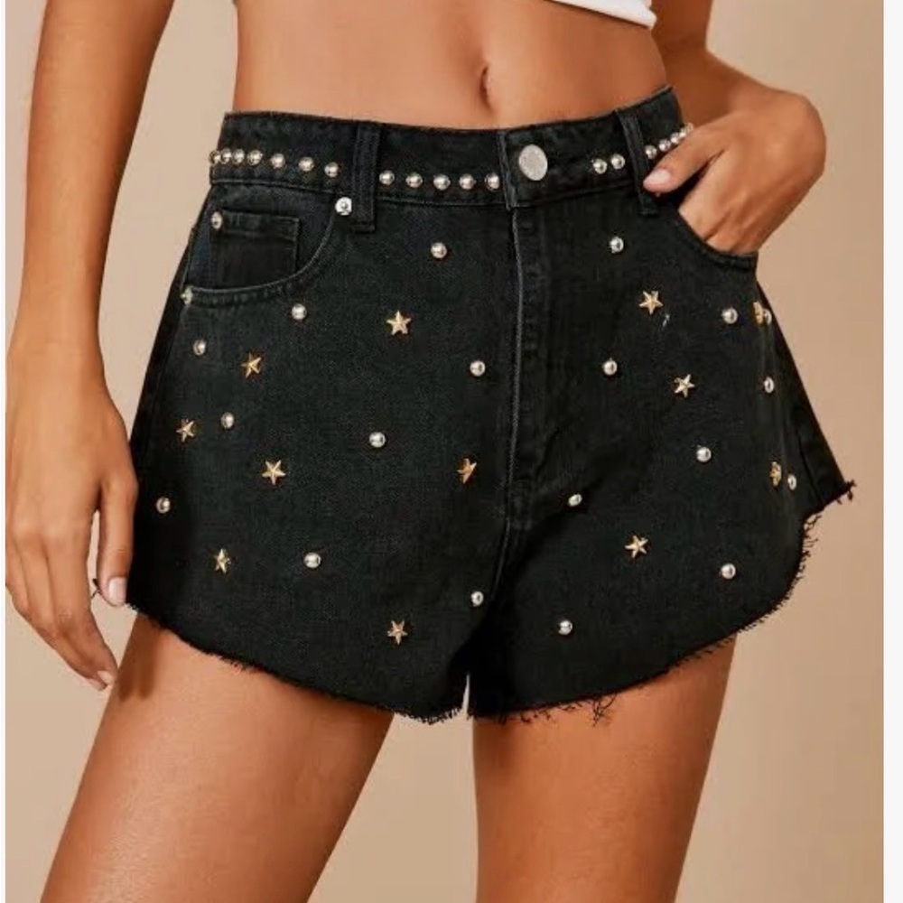 Nasty Gal Black Star-Studded Denim Shorts - Picture 2 of 6